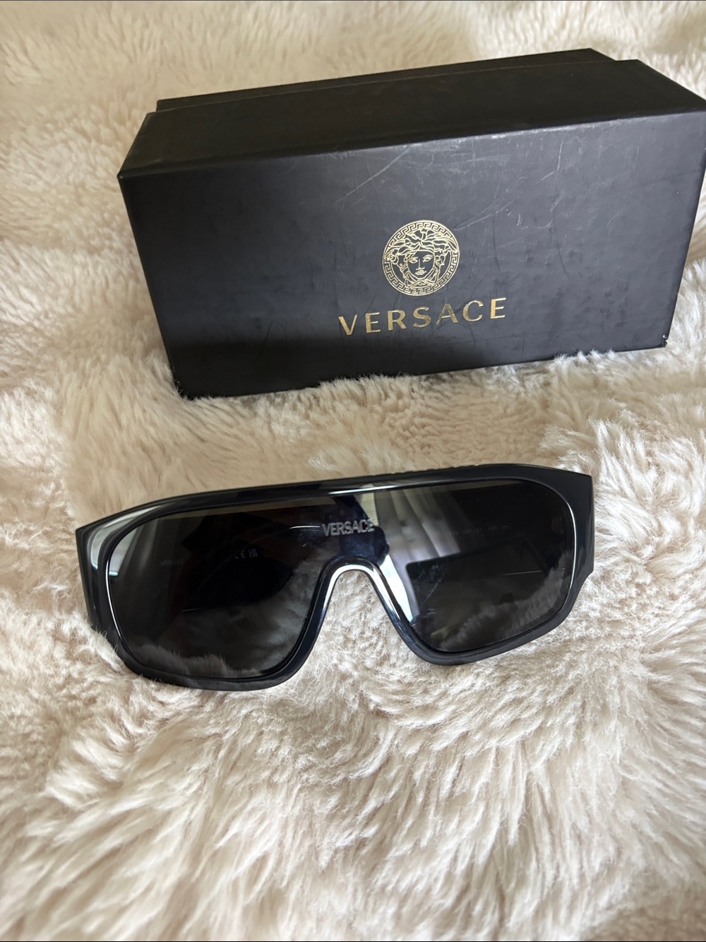 Versace Glossy Black Shield Sunglasses with Gold Logo